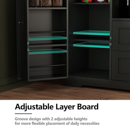 Kitchen Pantry Storage Cabinet,Freestanding Buffet Cabinet with Wine Glass Holder and 2 drawers,Food Pantry with Doors and Shelves,Tall Kitchen Hutch with Microwave Stand for Kitchens (Black)