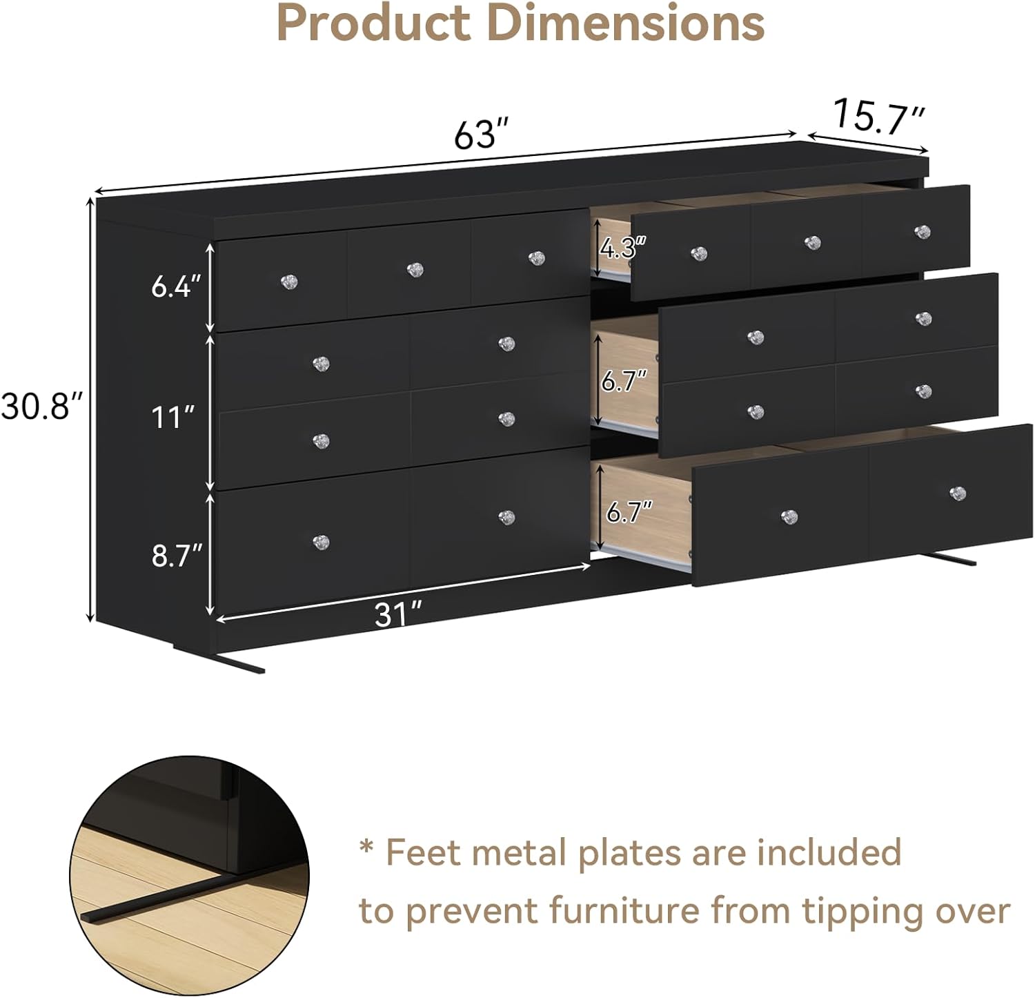 63'' Long Dresser for Bedroom, Modern 6 Drawer Dresser with 14 Organized Compartments & Glass Handles, Extra Large Chest of Drawers with Drawer Storage, Double Wide Black Wood Dressers for Bedroom