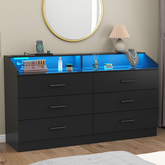 6 Drawer Dresser with Charging Station, Dresser for Bedroom with LED Light, Chest of Drawers for Closet, Modern Dressers with Open Storage Cubby, Double Wide Dressers for Living Room (Black)