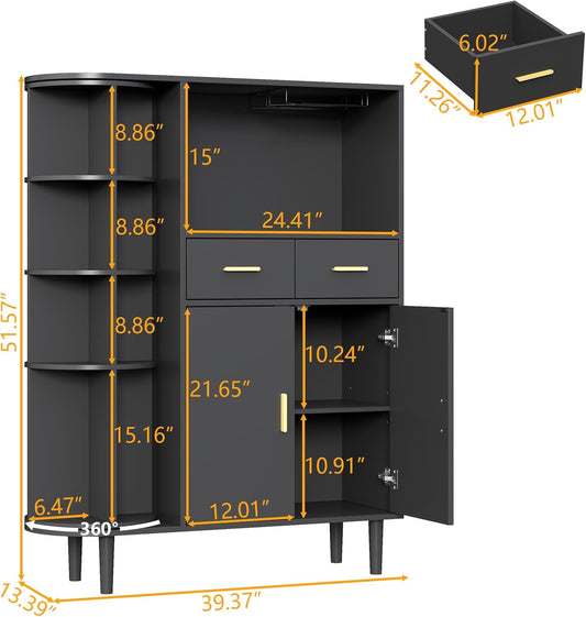 Kitchen Pantry Storage Cabinet with Charging Station and LED Lights, Freestanding Buffet Sideboards with Wine Glass Holder,Food Hutch Cabinet with Rotation 4-Tier Storage Rack for Kitchen(Black)