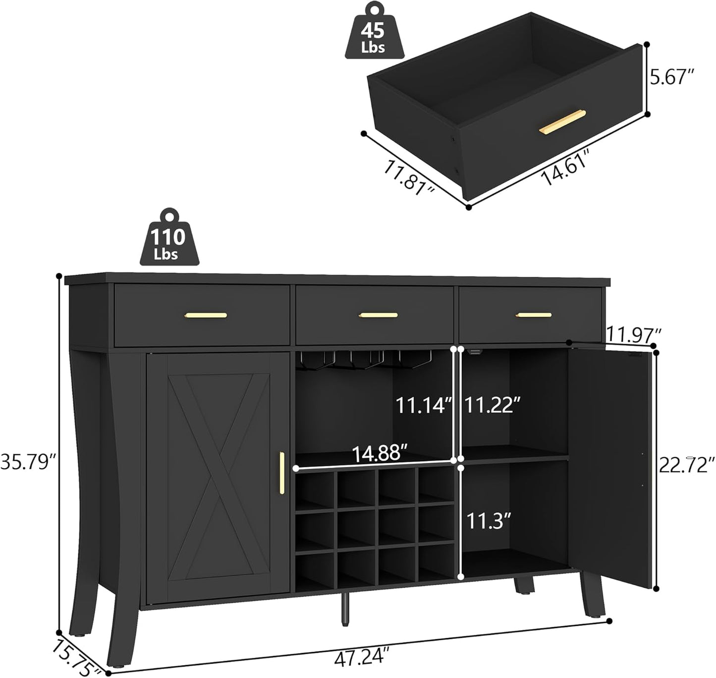 Wine Bar Cabinet with LED Light,Farmhous Liquor cabinet with Wine and Glass Rack,Coffee Station with Storage cabinet and 3 drawers,Buffet Sideboard with Arc Design for Kitchen,living room (Black)