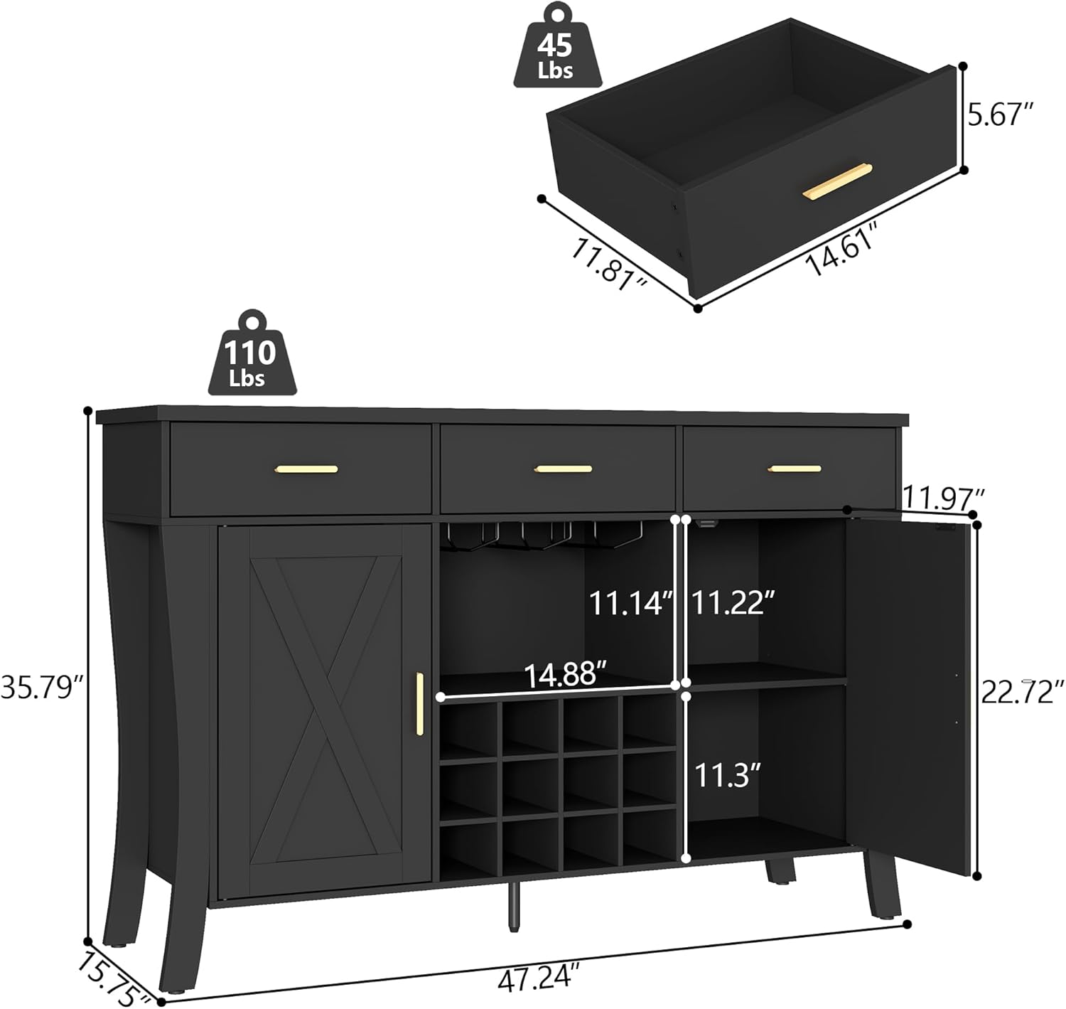 Wine Bar Cabinet with LED Light,Farmhous Liquor cabinet with Wine and Glass Rack,Coffee Station with Storage cabinet and 3 drawers,Buffet Sideboard with Arc Design for Kitchen,living room (Black)