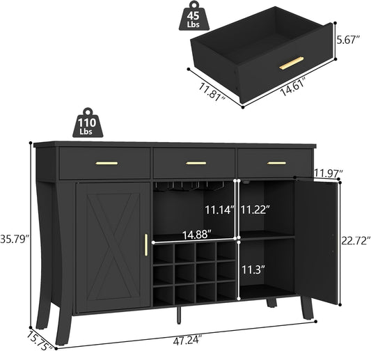 Wine Bar Cabinet with LED Light,Farmhous Liquor cabinet with Wine and Glass Rack,Coffee Station with Storage cabinet and 3 drawers,Buffet Sideboard with Arc Design for Kitchen,living room (Black)