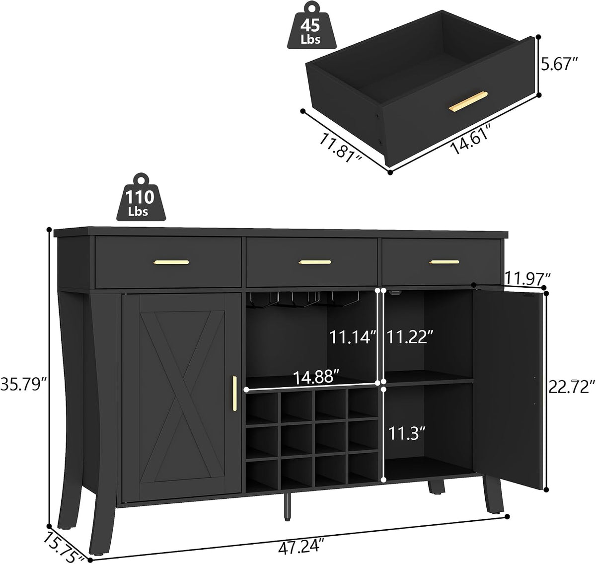 Black Wine Bar Cabinet with LED & Glass Rack, Farmhouse Liquor Cabinet