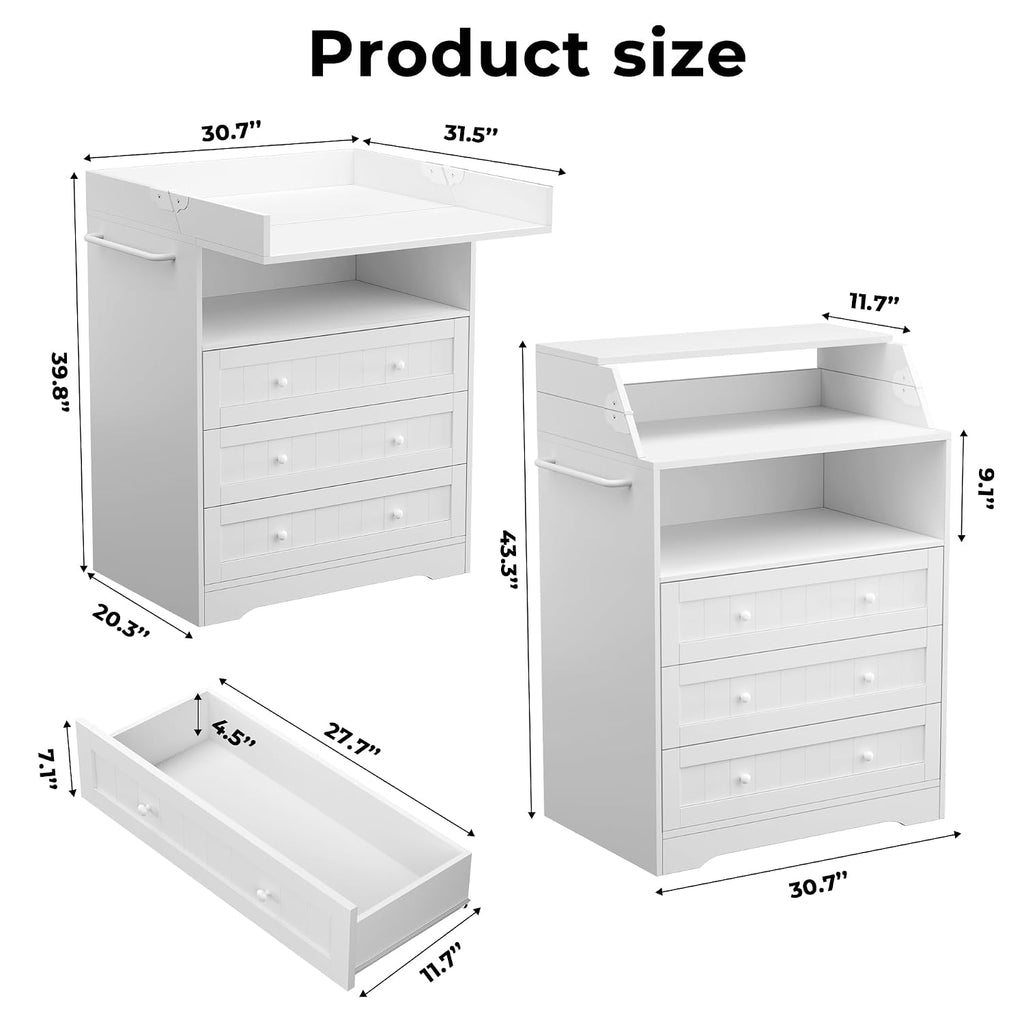 Baby Changing Table with Foldable Tabletop,White Baby Dresser with 3 Drawer