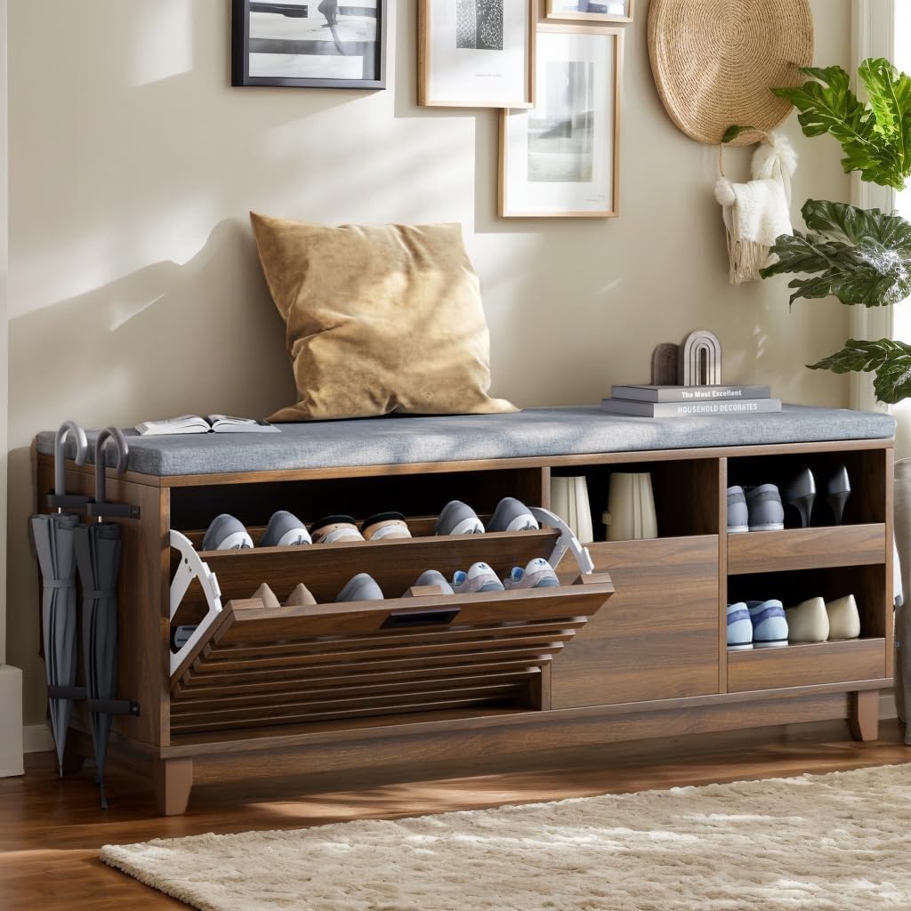 2-Tier Shoe Storage Bench,47" Entryway Bench with 2 Flip Drawers & Padded Seat Cushion, Walnut Shoe Bench with Adjustable Shelves & Sliding Doors,Storage Bench for Entryway,Hallway,Bedroom