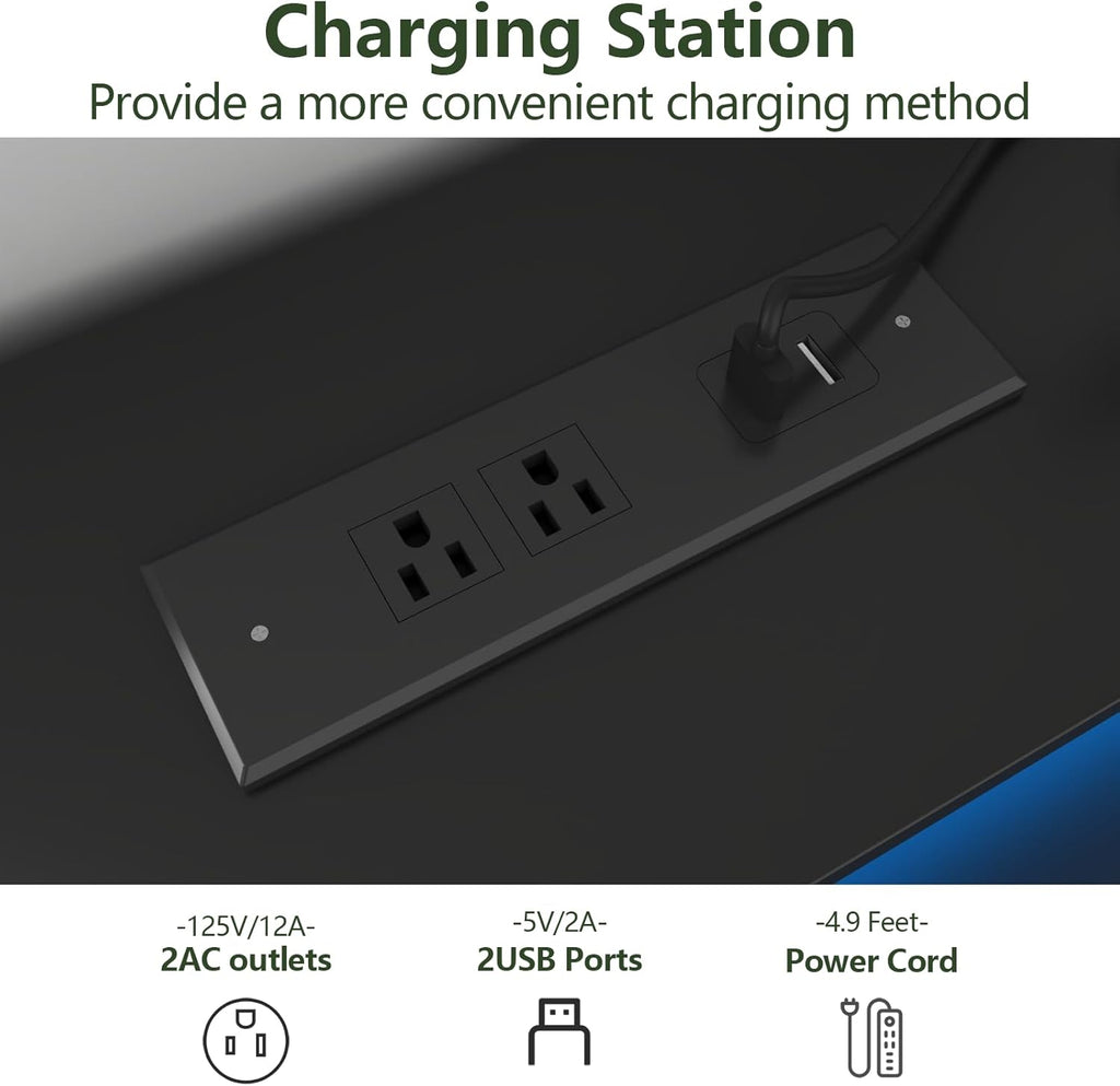 9 Drawers Dresser for Bedroom with Power Outlet, Chest of Drawers with LED Light, Modern Dressers with Open Storage Cubby, Triple Wide Dressers Organizer for Living Room (Black-)