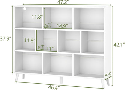 10 Cube Book Shelf with LED Lights, 3-Tier White Bookcase with Solid Wood Legs Modern Open Storage Organizer Kids Bookshelf Display Shelf for Living Room, Home Office (White, 10 Cube)