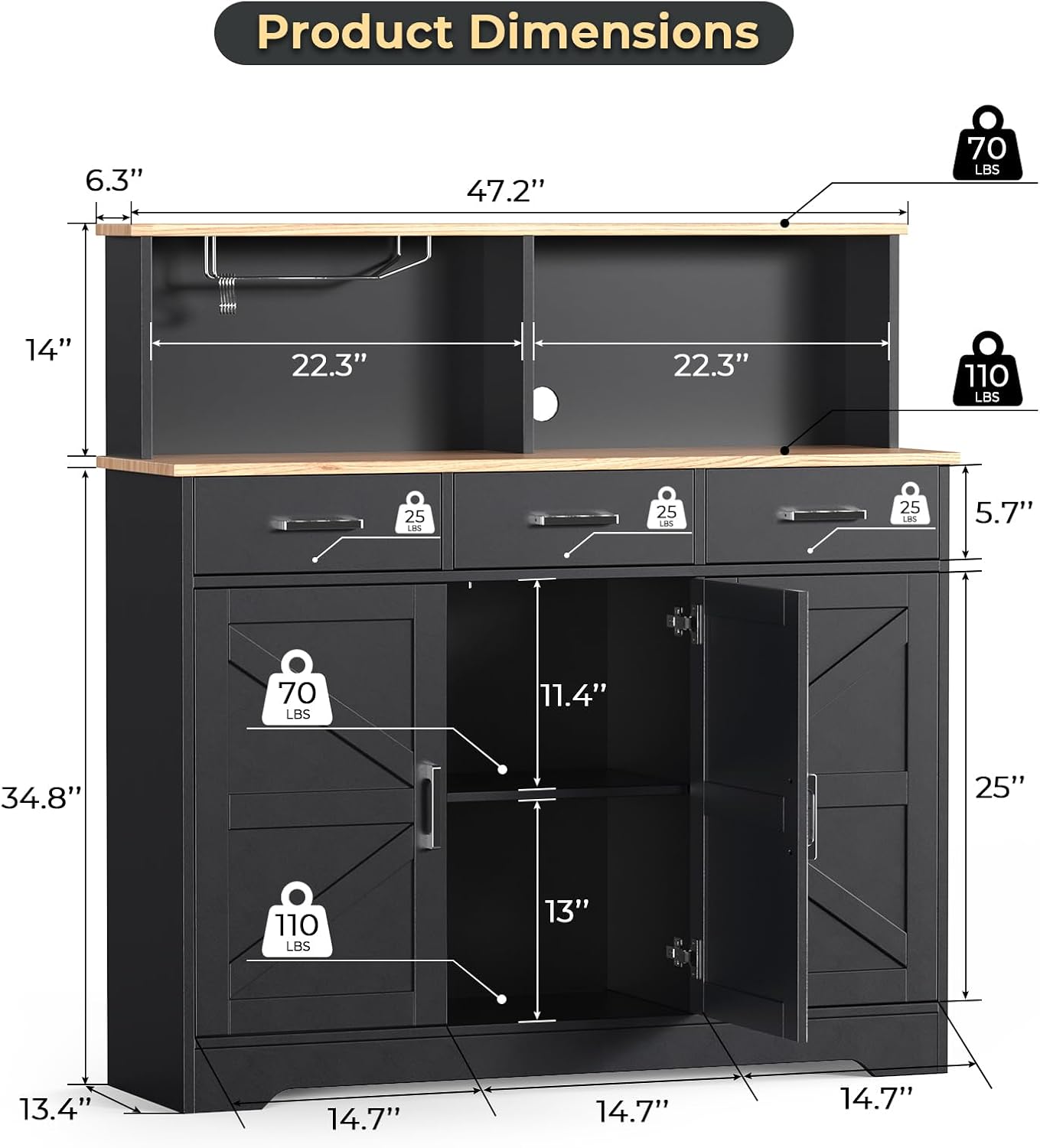 Buffet Cabinets with 3 Drawers, Farmhouse Sideboard Storage Cabinet with Goblet Holder, Large Coffee Bar with 3 Doors, Wood Buffet Table with Adjustable Shelf for Kitchen, Dining Room