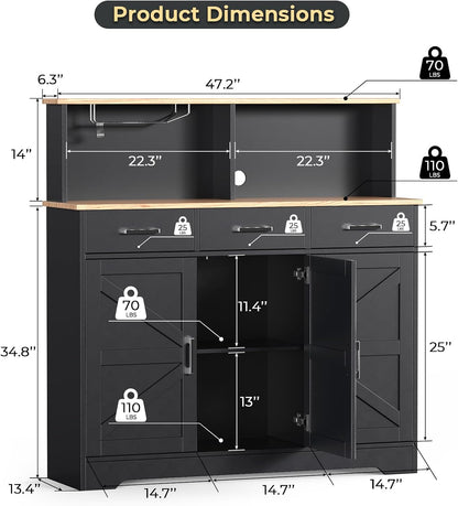 Buffet Cabinets with 3 Drawers, Farmhouse Sideboard Storage Cabinet with Goblet Holder, Large Coffee Bar with 3 Doors, Wood Buffet Table with Adjustable Shelf for Kitchen, Dining Room