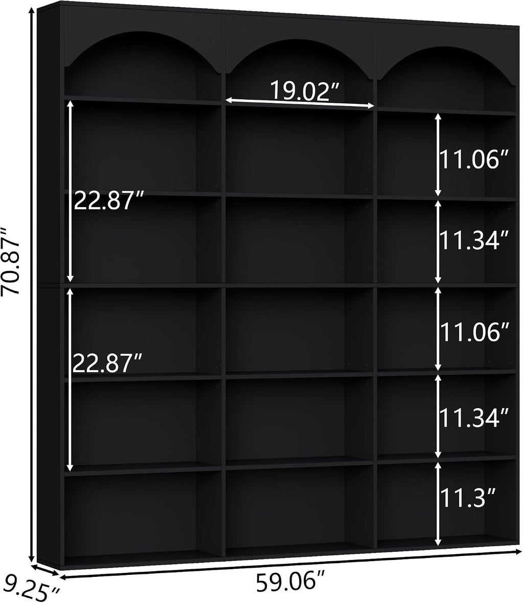 Gyfimoie 71’’ Triple Wide Bookshelf and Bookcase, 7-Tier Tall Arched Bookcase Modern Large Open Display Shelves with Curved Baffle for Home Office Living Room (Black, 71‘’H x 59''W x 9.25''D)