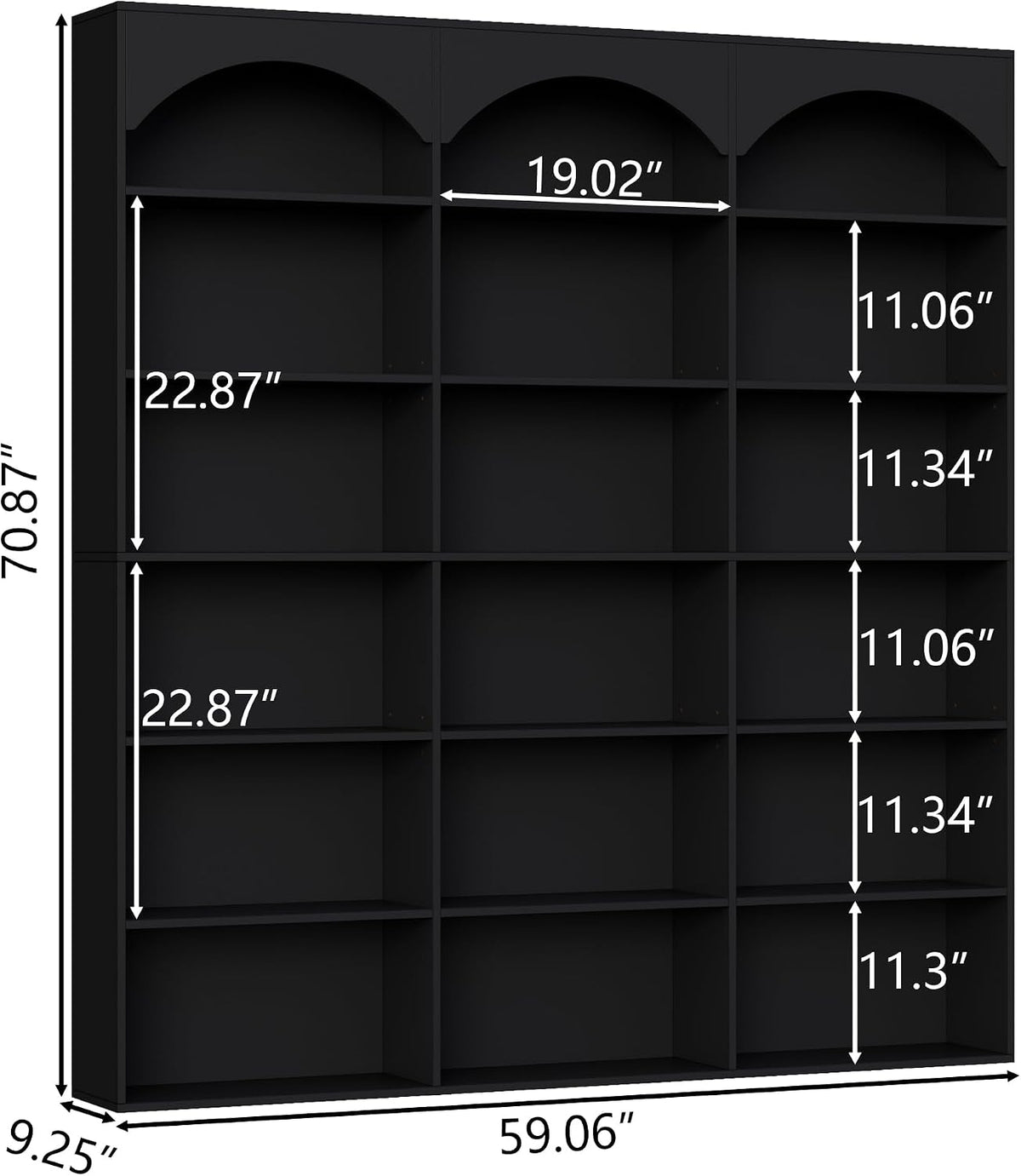 Gyfimoie 71’’ Triple Wide Bookshelf and Bookcase, 7-Tier Tall Arched Bookcase Modern Large Open Display Shelves with Curved Baffle for Home Office Living Room (Black, 71‘’H x 59''W x 9.25''D)