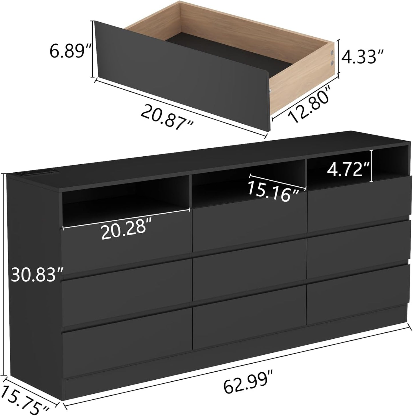 9 Drawers Dresser with Power Outlet, LED Large Dressers Chest with Handle Free Drawers, Modern Long Dressers Storage Cabinet for Closet Living Room (Black)