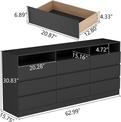 9 Drawers Dresser with Power Outlet, LED Large Dressers Chest with Handle Free Drawers, Modern Long Dressers Storage Cabinet for Closet Living Room (Black)