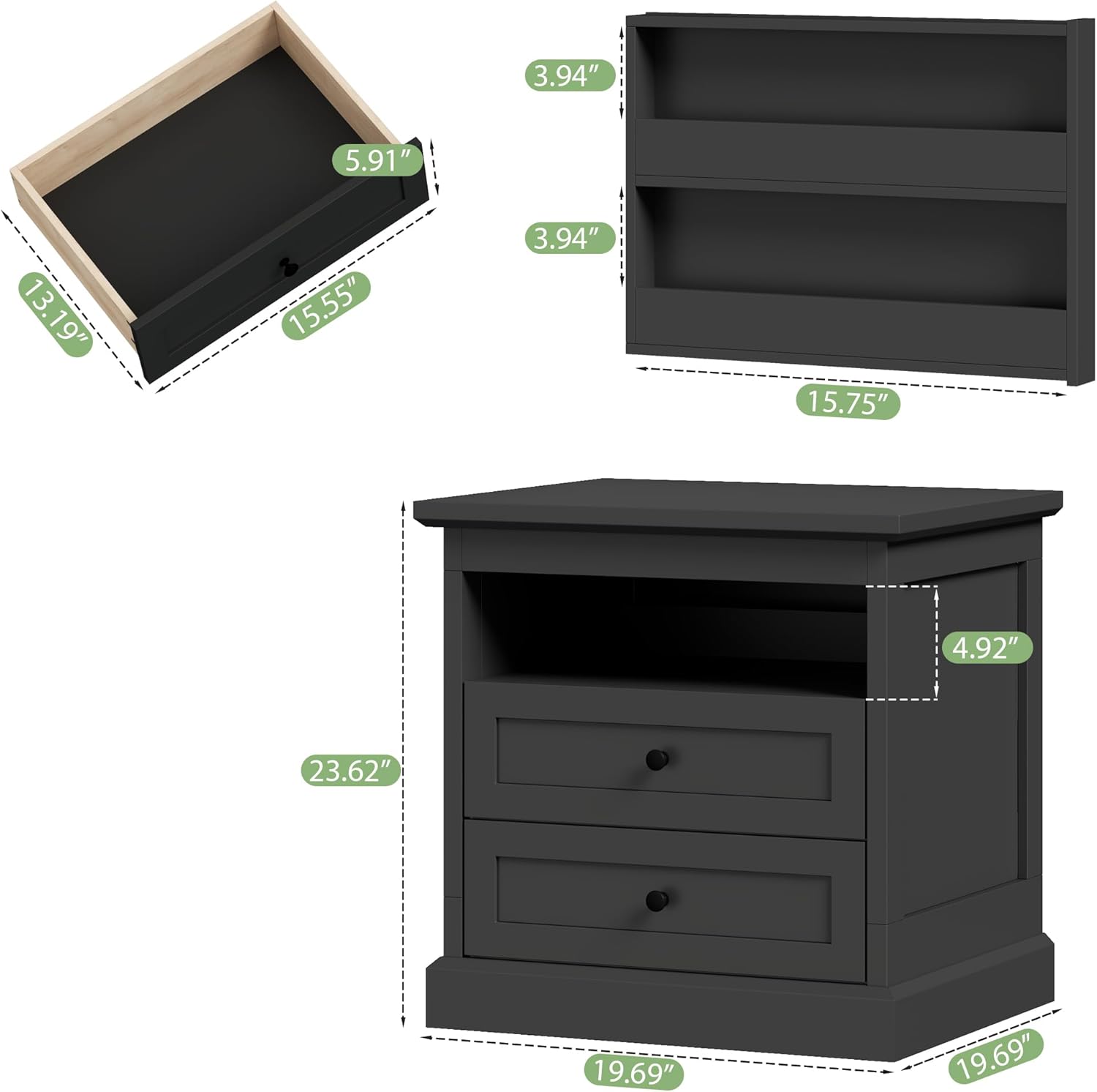 Nightstand with Hidden Storage Space, Night Stand, End Table with Side Drawer, Bedside Table with Open Shelf, 2 Drawers Dresser for Bedroom, Living Room, Closet (Black)