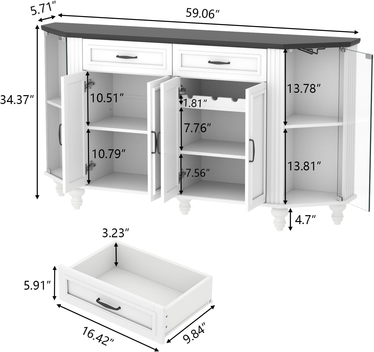 Buffet Cabinet with Storage, Farmhouse Kitchen Sideboard Cabinet with Solid Wood Legs Coffee Bar Storage with Glass Door Side Shelves for Kitchen, Dining Room, Entryway