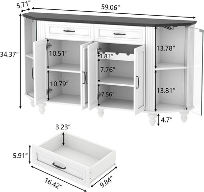 Buffet Cabinet with Storage, Farmhouse Kitchen Sideboard Cabinet with Solid Wood Legs Coffee Bar Storage with Glass Door Side Shelves for Kitchen, Dining Room, Entryway