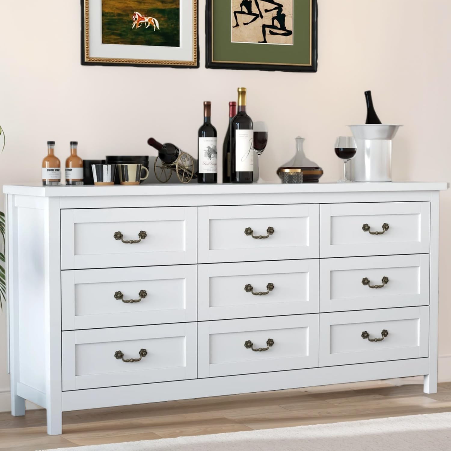 Farmhouse 9 Drawer Dresser for Bedroom, 63" Wide Long Chest of Drawers with Deep Drawers & Vintage Handle, Storage Dresser Organizer, TV Stand for Bedroom, Living Room (White)