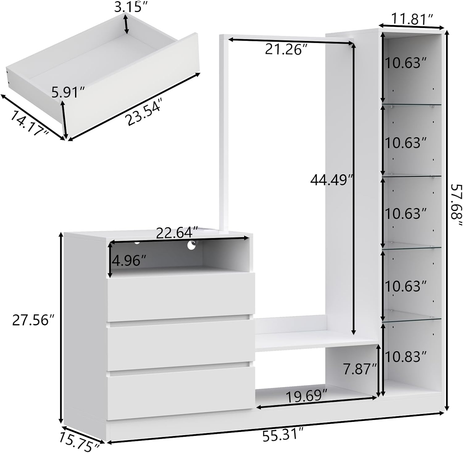 Dresser with Hanging Rack, 3 Drawers Dresser with Charging Station & LED Lights, 55" Chest of Drawers with Open Storage & Adjustable Shelves for Clothes, White Modern Dresser for Bedroom, Closet