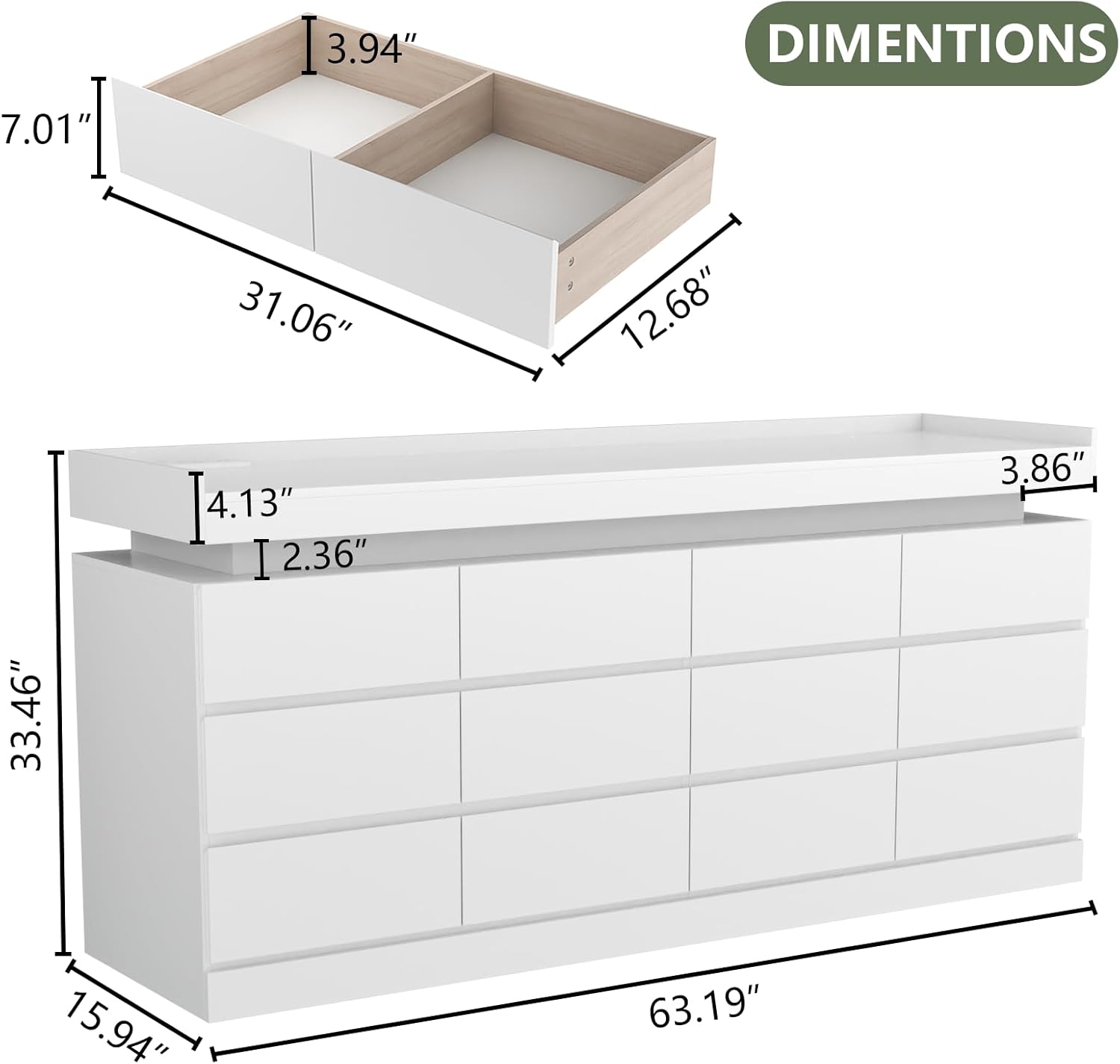 Extra Large 6 Drawer Dresser with 12 Compartments, Dresser with Power Outlet & LED Light, Modern Chest of Drawers, Double Wide Drawer Organizer Cabinet for Bedroom, Living Room, Entryway (White)