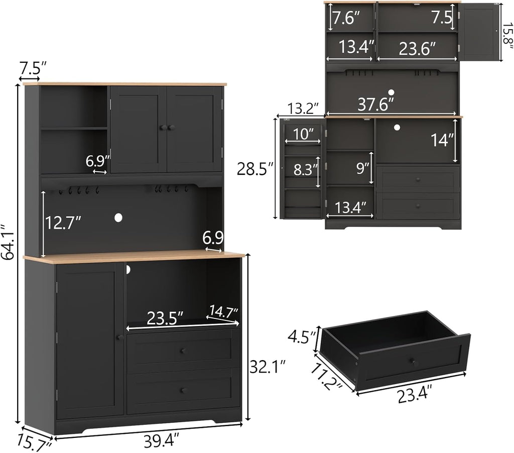 Kitchen Pantry Storage Cabinet,Freestanding Buffet Cabinet with Wine Glass Holder and 2 drawers,Food Pantry with Doors and Shelves,Tall Kitchen Hutch with Microwave Stand for Kitchens (Black)