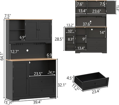 Kitchen Pantry Storage Cabinet,Freestanding Buffet Cabinet with Wine Glass Holder and 2 drawers,Food Pantry with Doors and Shelves,Tall Kitchen Hutch with Microwave Stand for Kitchens (Black)