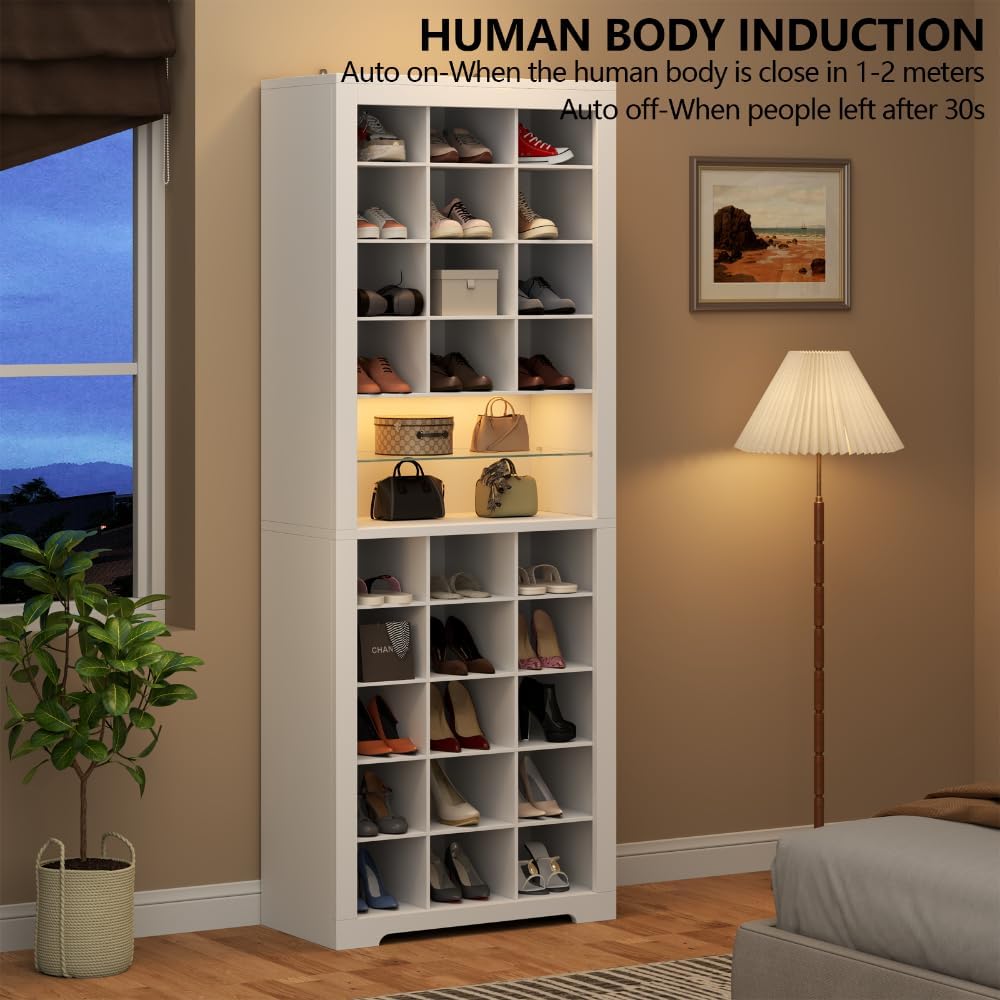 11-Tier Shoe Storage Cabinet, Wooden White Shoe Rack with 27 Cubbies, 69" Tall Free Standing Shoe Organizer with LED Lights & Adjustable Shelf for Entryway, Closet, Display Cabinet for Living Room