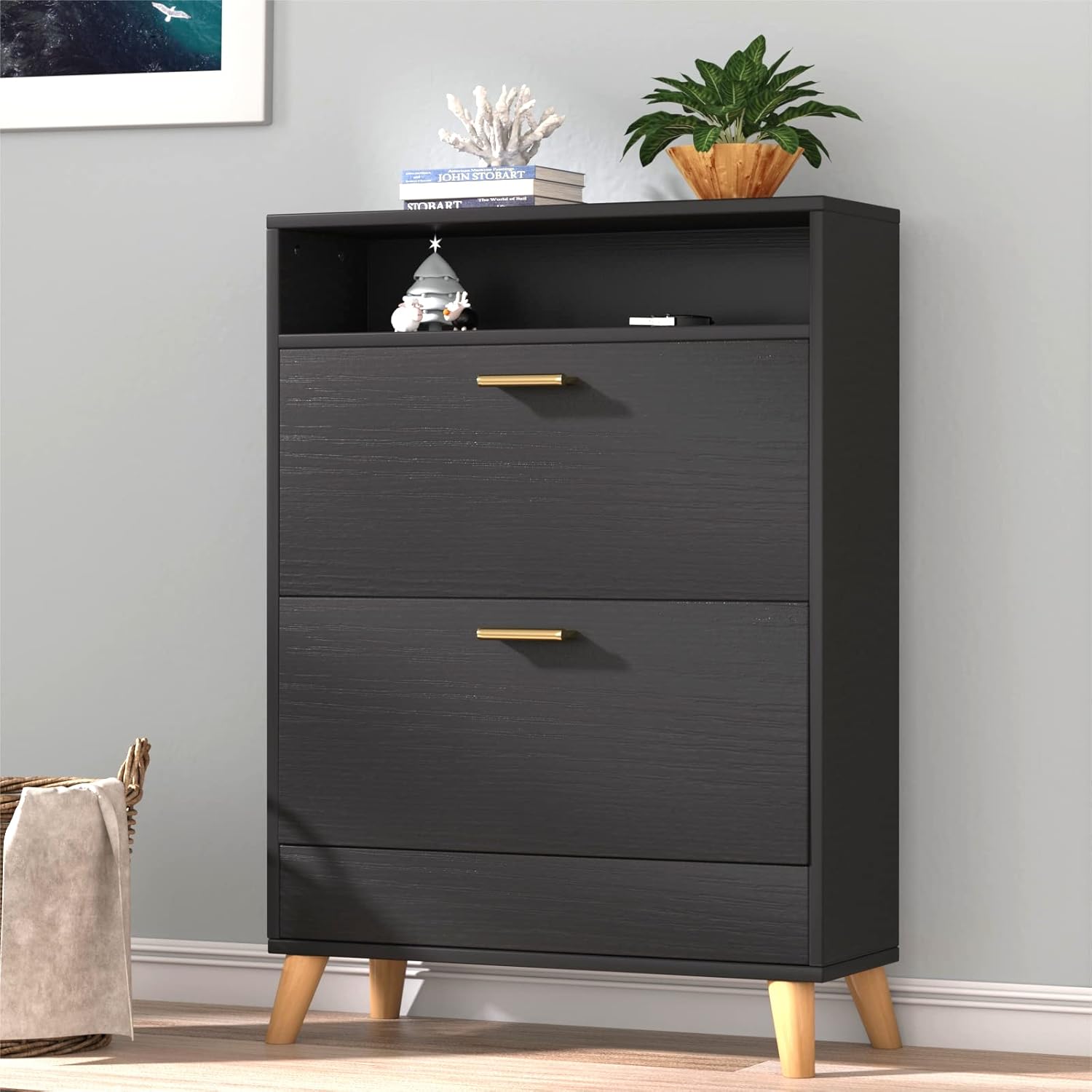 Shoe Storage Cabinets, 16 Pairs Free Standing Shoe Organizer with 2 Flip Drawers for Entryway, Narrow 3 Tier Entryway Hidden Shoe Rack with Doors (Black)