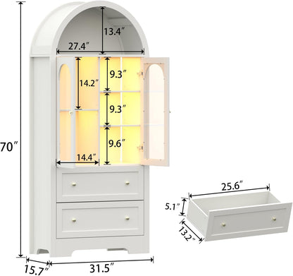 70" Tall Arched Bookcase with LED Lights, Modern Curved Cabinet with Glass Door, Arched Bookshelf Cabinet with 2 Storage Drawers, Display Storage Cabinet with Adjustable Shelves for Living Room,White