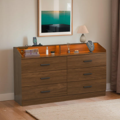 White Dresser for Bedroom, 6 Drawer Dresser with Charging Station, Chests of Drawers with LED Lights, Modern Double Dresser, Storage Cabinet with Drawers for Living Room, Hallway