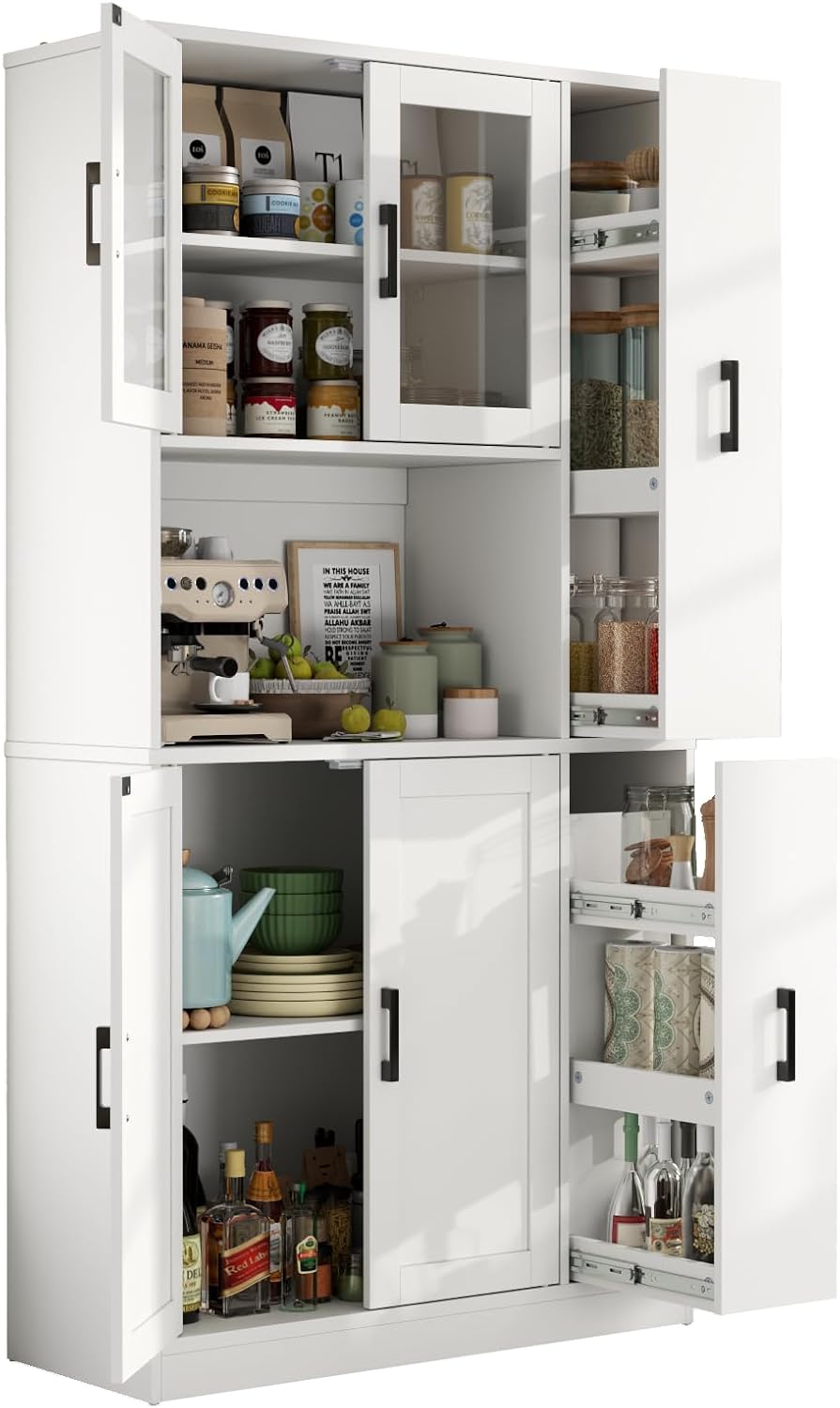 68" Tall Kitchen Pantry Cabinet with Side Drawer, Kitchen Pantry Storage Cabinet with Glass Door,Freestanding Food Hutch with Microwave Stand for Dining Room (White)