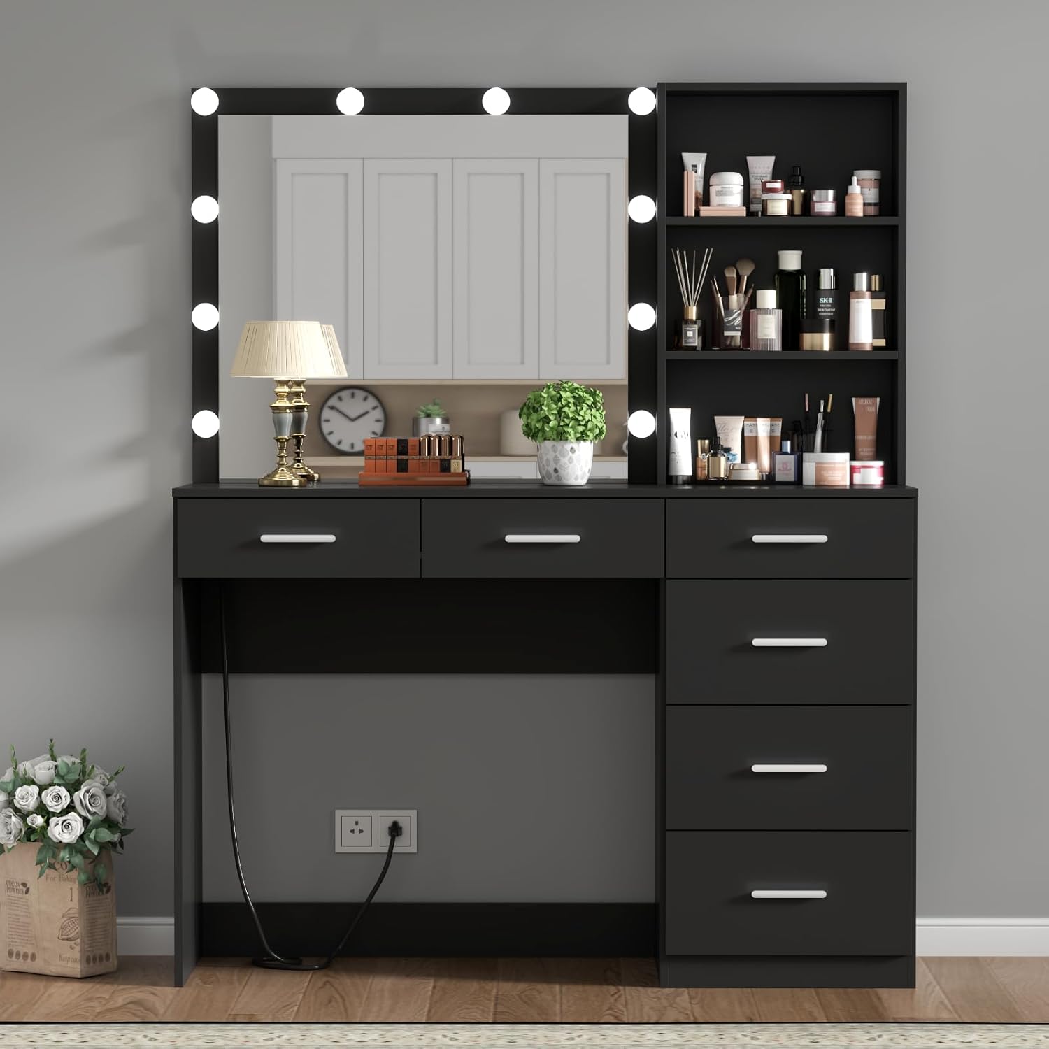 39 Inches Black Vanity Desk with Lights, 6-Drawers Makeup Vanity Table with Power Strip and Storage Shelves, Dressing Table with Lighted Mirror for Women Girls (Black)