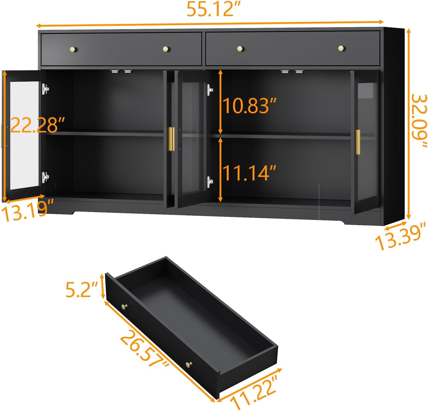 Sideboard Buffet Cabinet with LED Lights, 55.1 Storage Cabinet with 2 Large Drawers & 4 Glass Doors, Modern Kitchen Display Cabinet with Adjustable Shelves, Coffee Bar for Kitchen Living Room (Black)