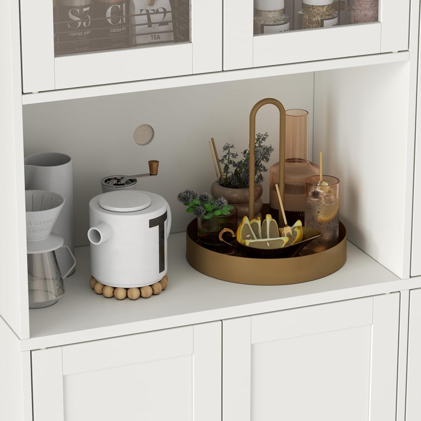 68" Tall Kitchen Pantry Cabinet with Side Drawer, Kitchen Pantry Storage Cabinet with Glass Door,Freestanding Food Hutch with Microwave Stand for Dining Room (White)