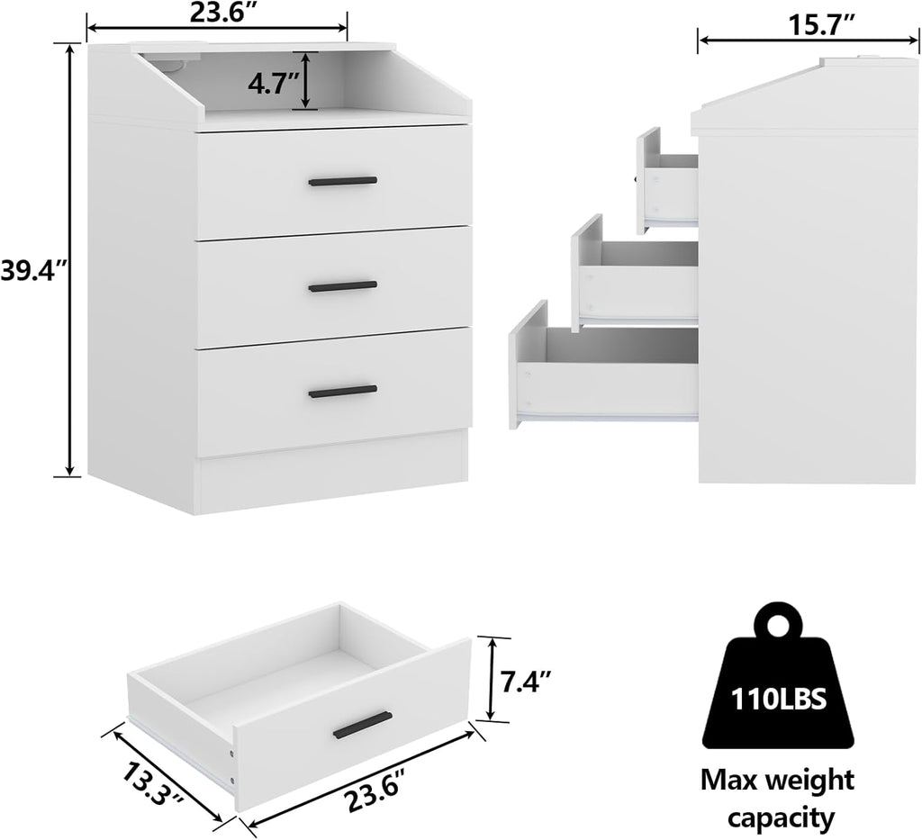 3 Drawer Dresser for Bedroom with Power Outlet, White Dresser with LED Light, Modern Dressers with Open Storage Cubby, Chest of Drawers Storage Organizer for Hallway, Living Room (White)…