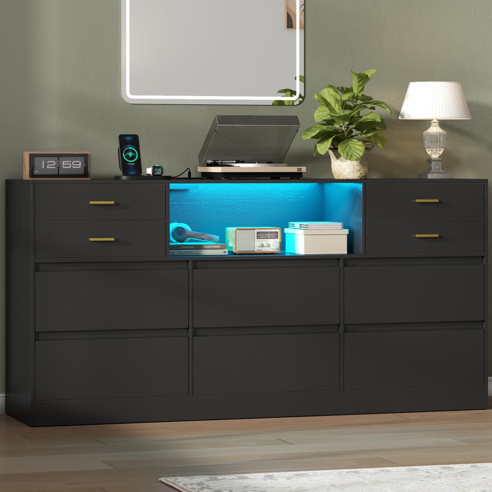 white christmas dresses Garvee White Dresser with LED Light for Bedroom 6 Drawer, Wooden Dressers with Charging Station, Large Double Dresser with Wide Drawers, Modern Chests