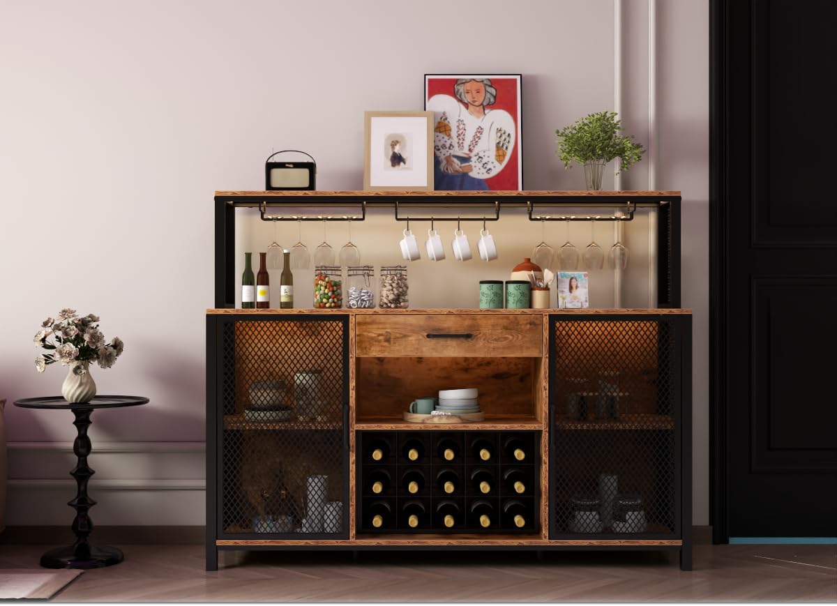 Wine Bar Cabinet with Drawer and LED Lights, 55 Inches Industry Coffee Bar Cabinet with Wine Rack and Glass Goblet Holder, Kitchen Sideboard Buffet Cabinet for Liquor and Goblet