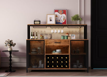 Wine Bar Cabinet with Drawer and LED Lights, 55 Inches Industry Coffee Bar Cabinet with Wine Rack and Glass Goblet Holder, Kitchen Sideboard Buffet Cabinet for Liquor and Goblet