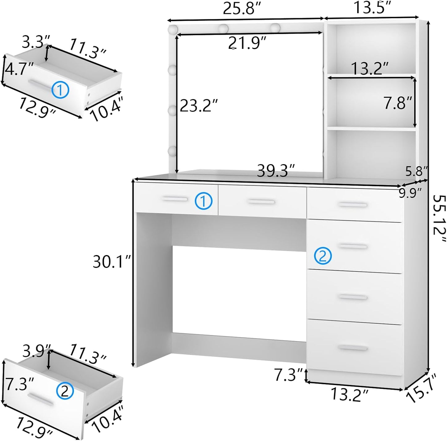 39 Inches White Vanity Desk with Lights, 6-Drawers Makeup Vanity Table with Power Strip and Storage Shelves, Dressing Table with Lighted Mirror for Women Girls