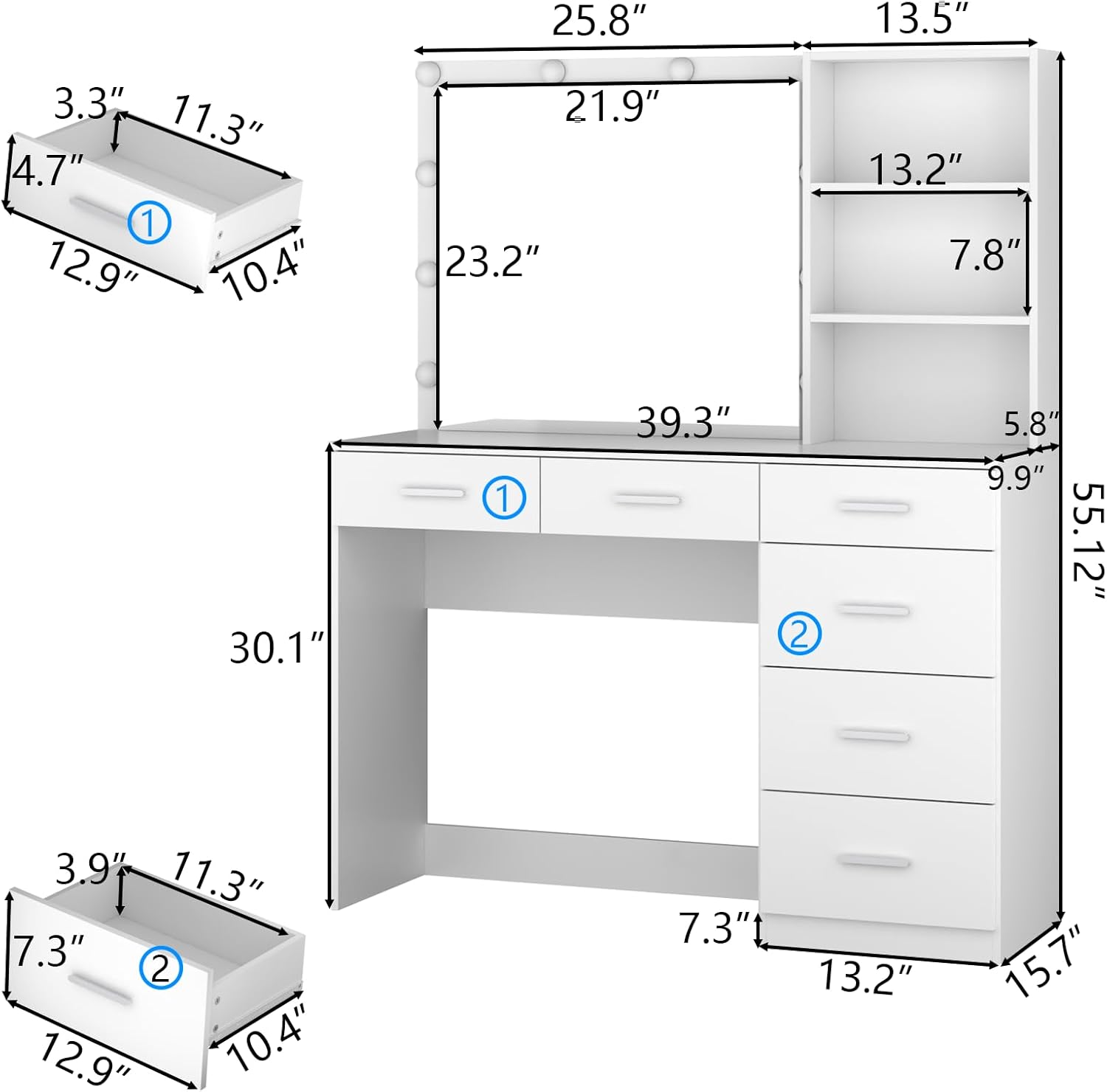 39 Inches White Vanity Desk with Lights, 6-Drawers Makeup Vanity Table with Power Strip and Storage Shelves, Dressing Table with Lighted Mirror for Women Girls