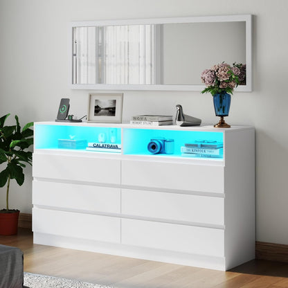 6 Drawer Dresser with Mirror for Bedroom, Accent Chests of Drawers with LED Light and Power Outlet, White 6 Dresser with Charging Station and 47"x15.7" Full Length Mirror (White)