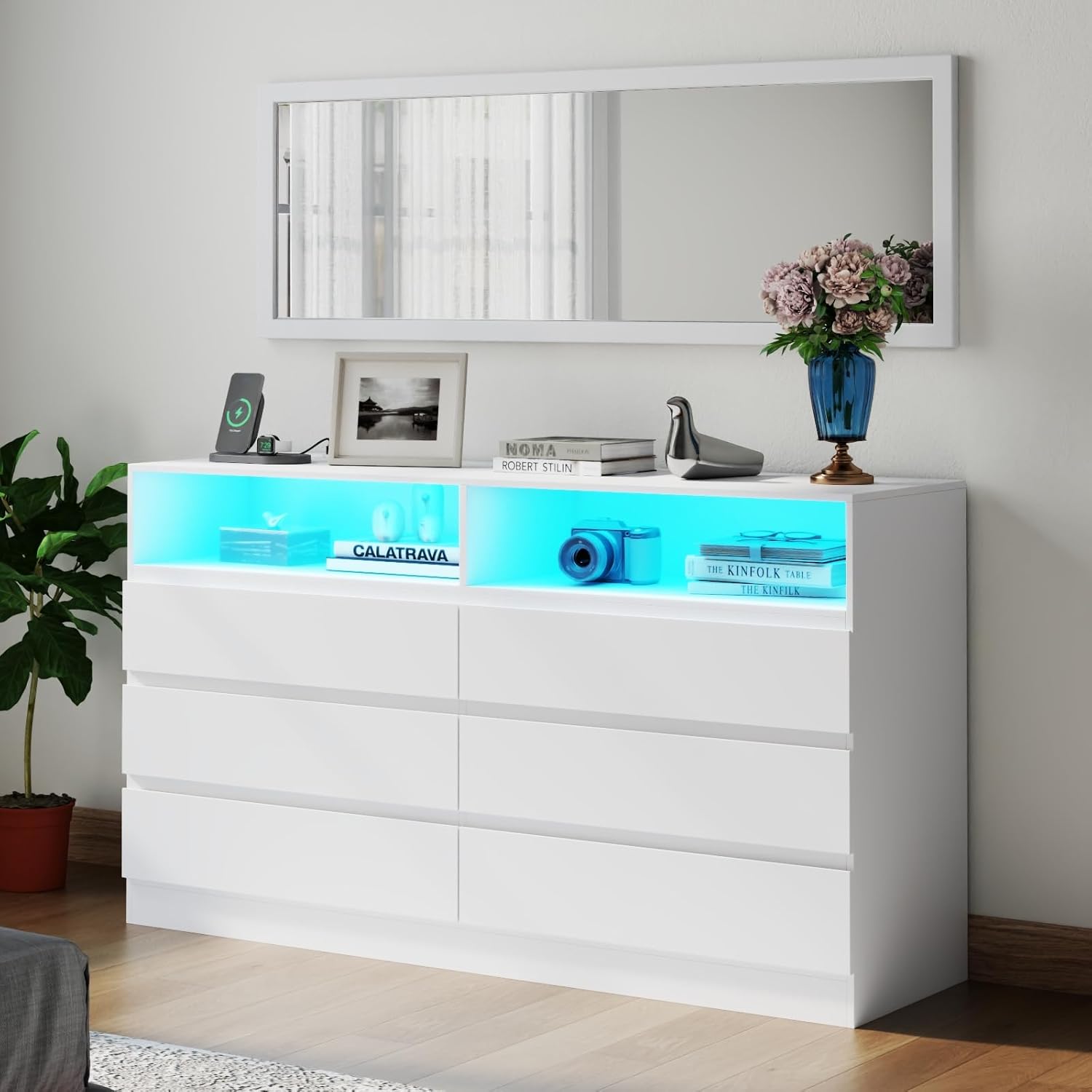 6 Drawer Dresser with Mirror for Bedroom, Accent Chests of Drawers with LED Light and Power Outlet, White 6 Dresser with Charging Station and 47"x15.7" Full Length Mirror (White)