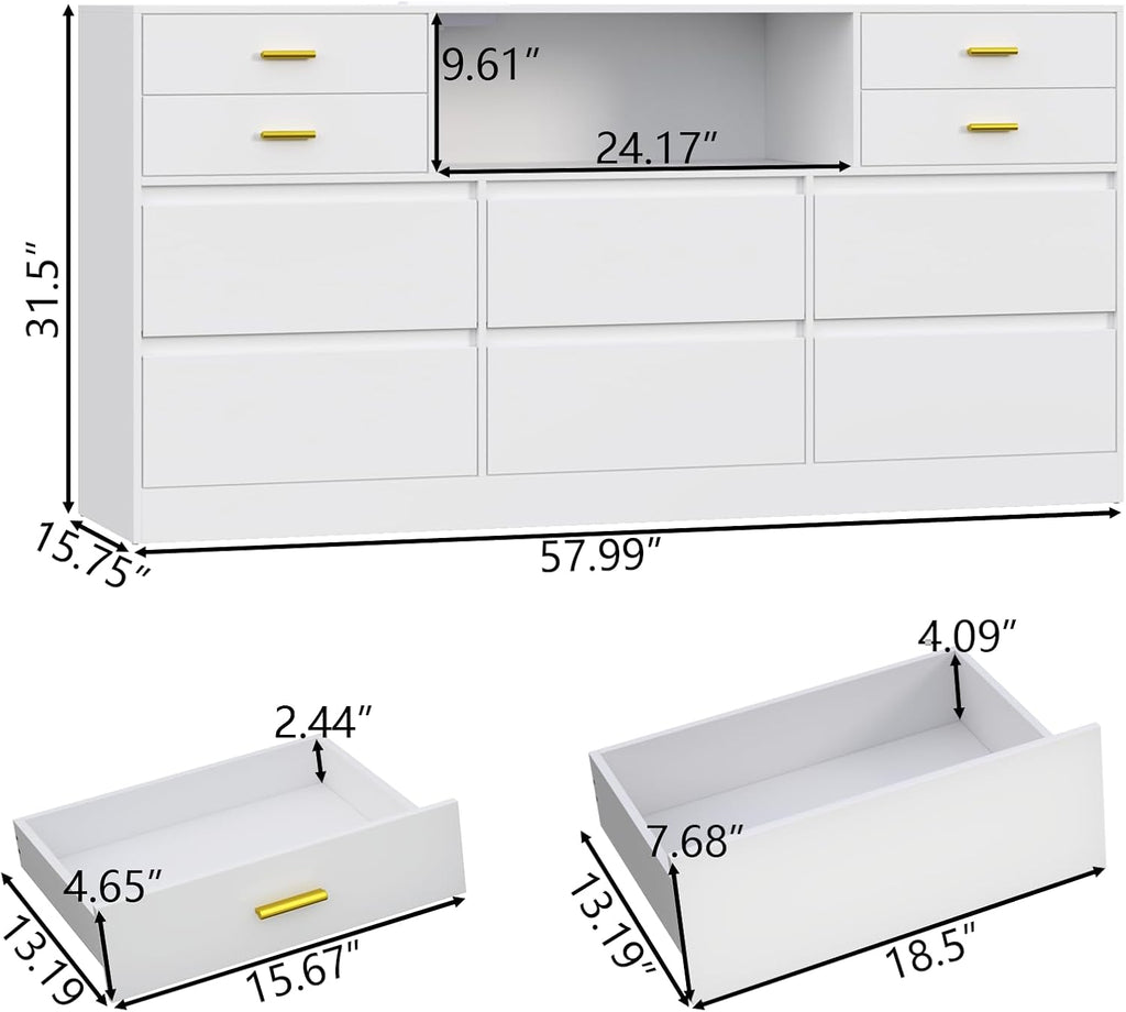 10 Drawers Dresser, LED Dressers & Chests of Drawers with Power Outlet, 58" Wide Long Dresser for Bedroom, Modern TV Stand with 1 Open Storage Cubbies (White)