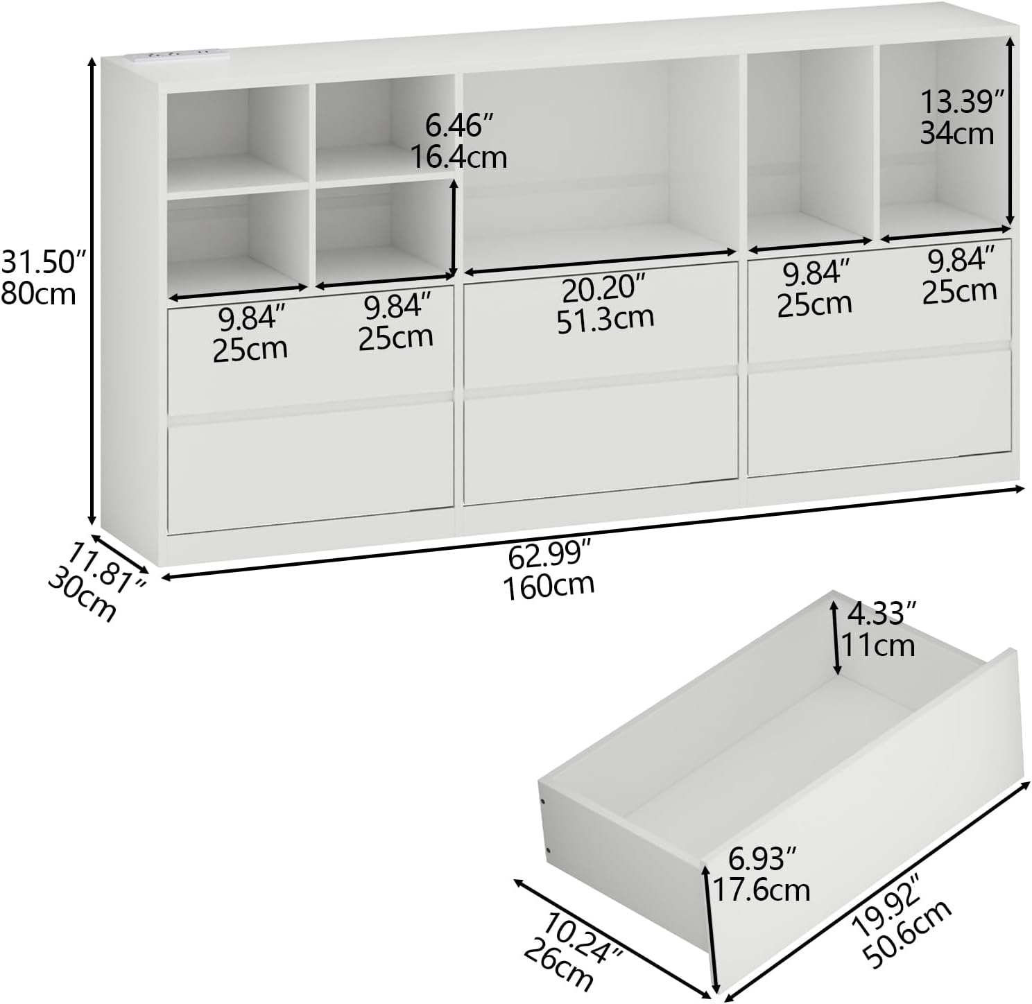 White Dresser for Bedroom with 6 Drawers, Chest of Drawers with Led Lights&Charging Station, 63" Long Dresser with 7 Open Cubbies, Storage Drawers for Living Room, Closet, Hallway (White)