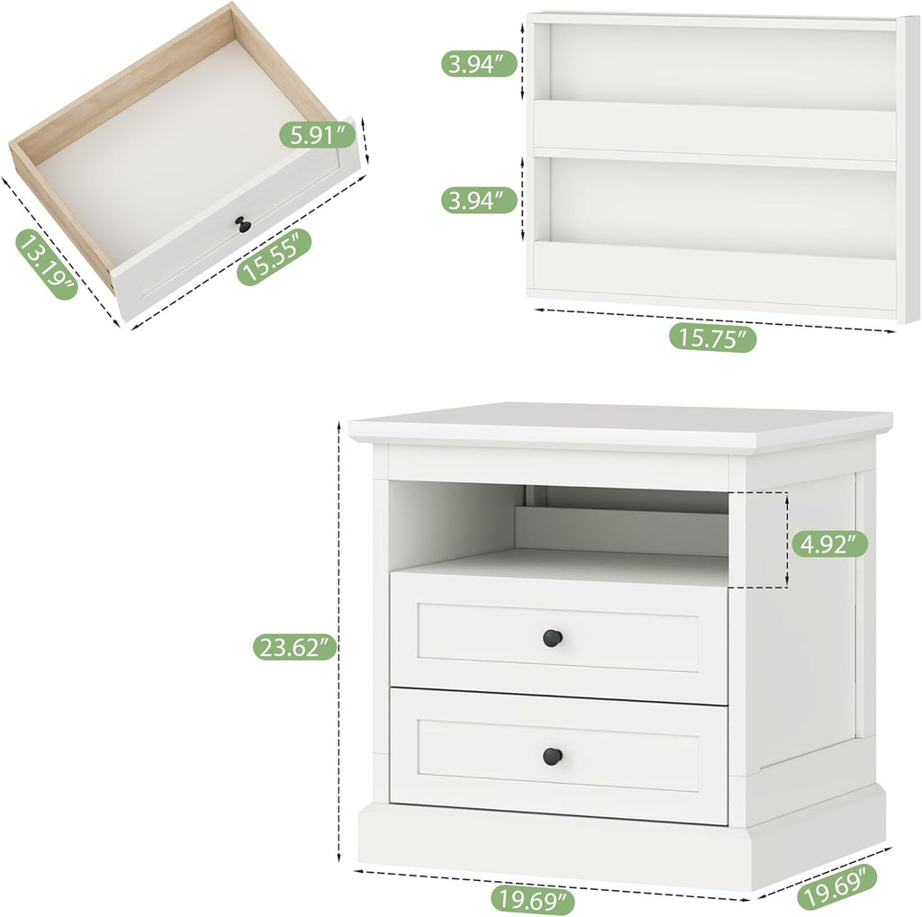 Nightstand with Side Drawer, Night Stand, End Table with Hidden Storage Space, Bedside Table with Open Shelf, 2 Drawers Dresser for Bedroom, Living Room, Closet (White)