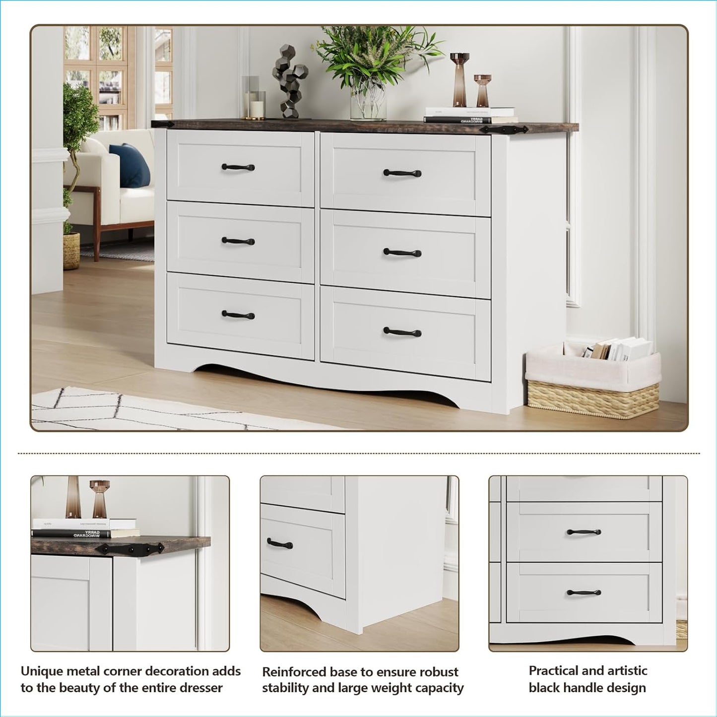 Farmhouse Dresser for Bedroom, Chest of Drawers with Natural Texture, Accent Storage Cabinet for Closet