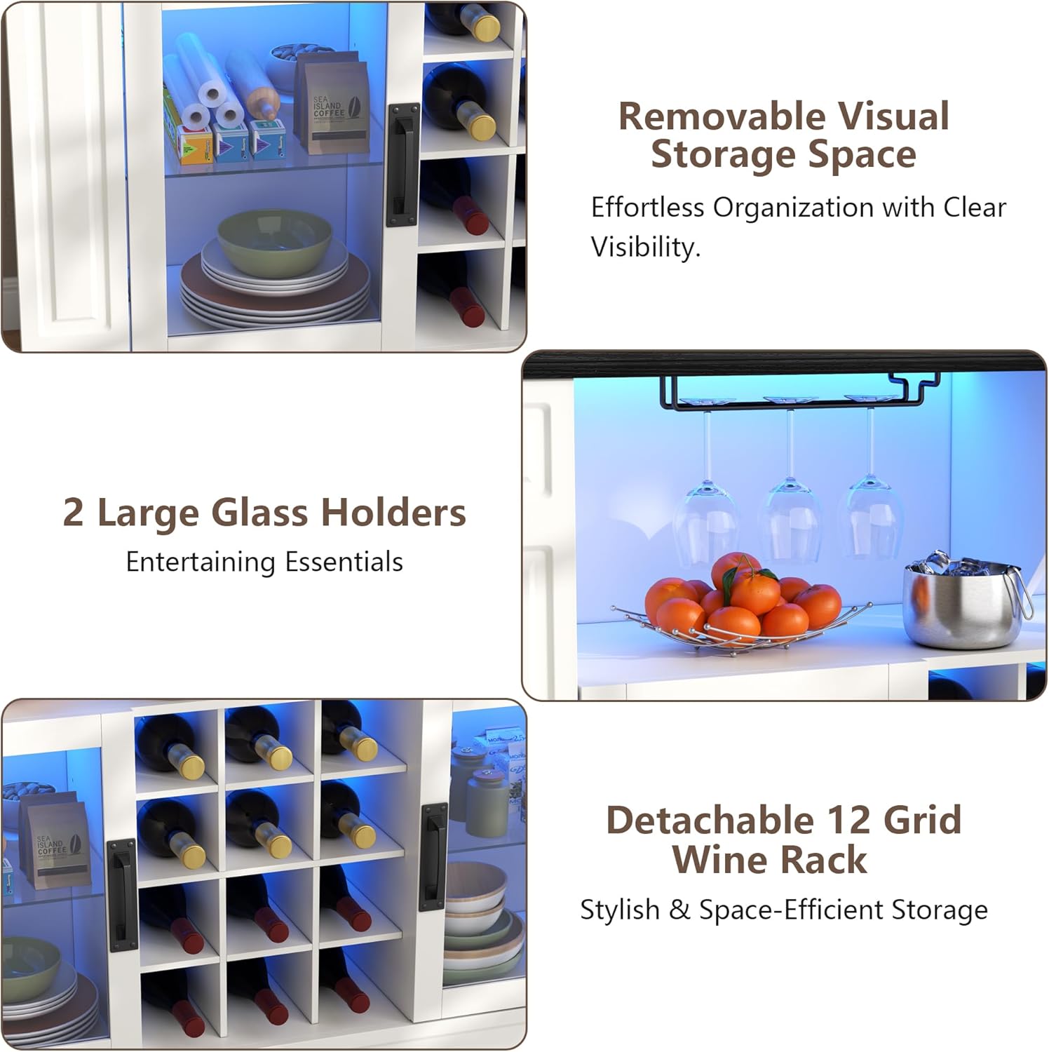 Wine Bar Cabinet with LED Light, Kitchen Coffee Bar Cabinet with Glass Rack and Removable Wine Racks, Liquor Cabinet with Glass Door, Home Bar with Storage for Dining Room, Living Room