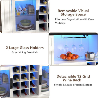 Wine Bar Cabinet with LED Light, Kitchen Coffee Bar Cabinet with Glass Rack and Removable Wine Racks, Liquor Cabinet with Glass Door, Home Bar with Storage for Dining Room, Living Room