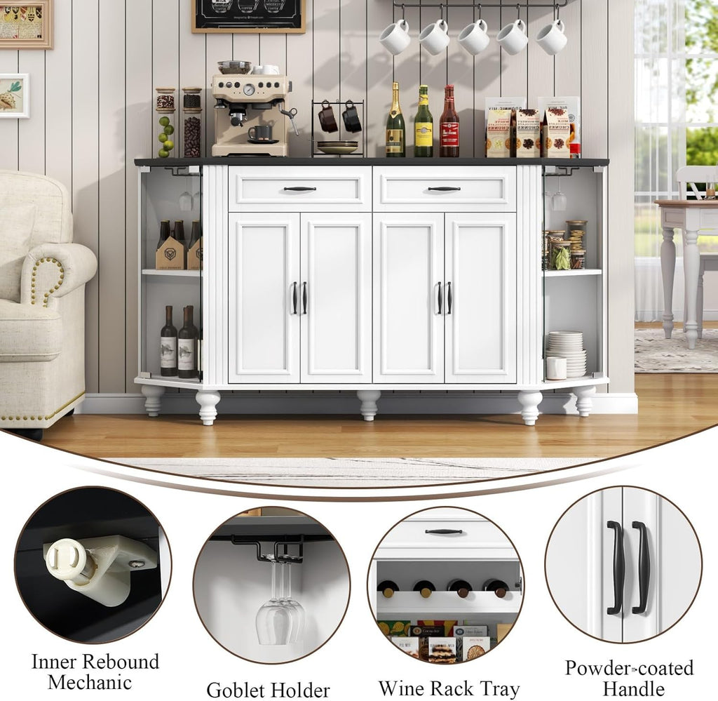 Buffet Cabinet with Storage, Farmhouse Kitchen Sideboard Cabinet with Solid Wood Legs Coffee Bar Storage with Glass Door Side Shelves for Kitchen, Dining Room, Entryway