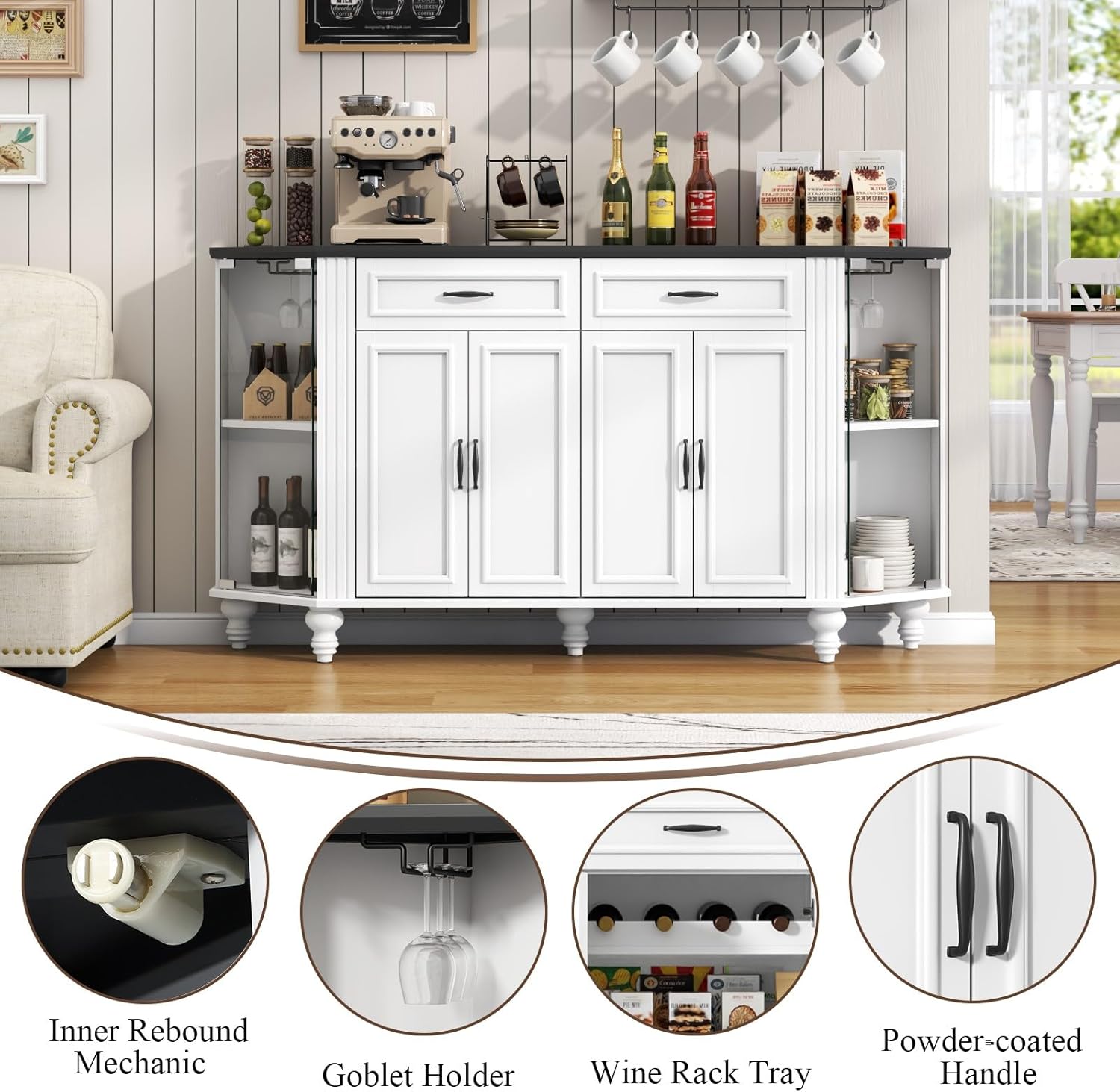 Buffet Cabinet with Storage, Farmhouse Kitchen Sideboard Cabinet with Solid Wood Legs Coffee Bar Storage with Glass Door Side Shelves for Kitchen, Dining Room, Entryway